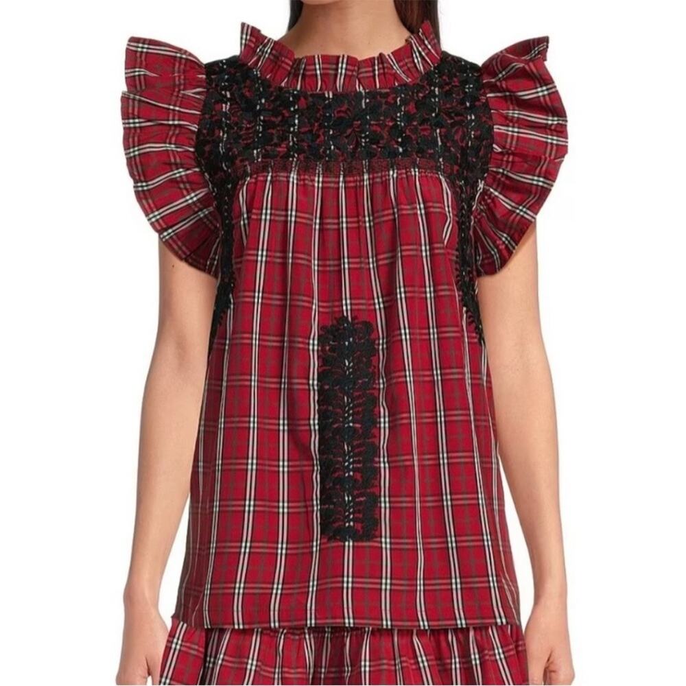 NWT J. Marie‎ Rayna Embroidered Tartan Plaid Cap Sleeve Ruffle Neck Top Sz L